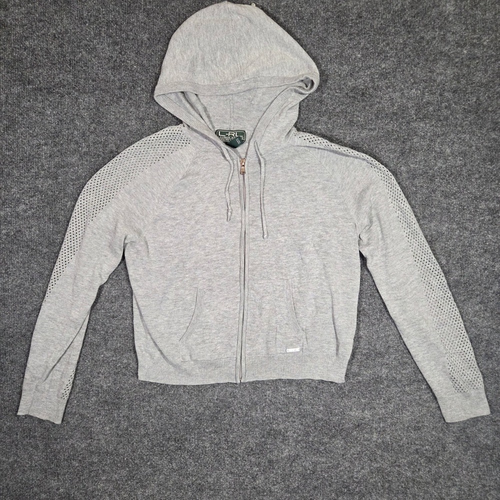 Lauren Ralph Lauren Active Gray Knit Full Zip Hoodie Mesh Sleeve Women Small